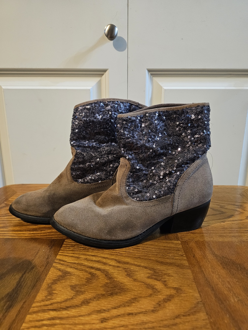 Women's Taupe Suede Ankle Boots with Sequin Cuff Size 8